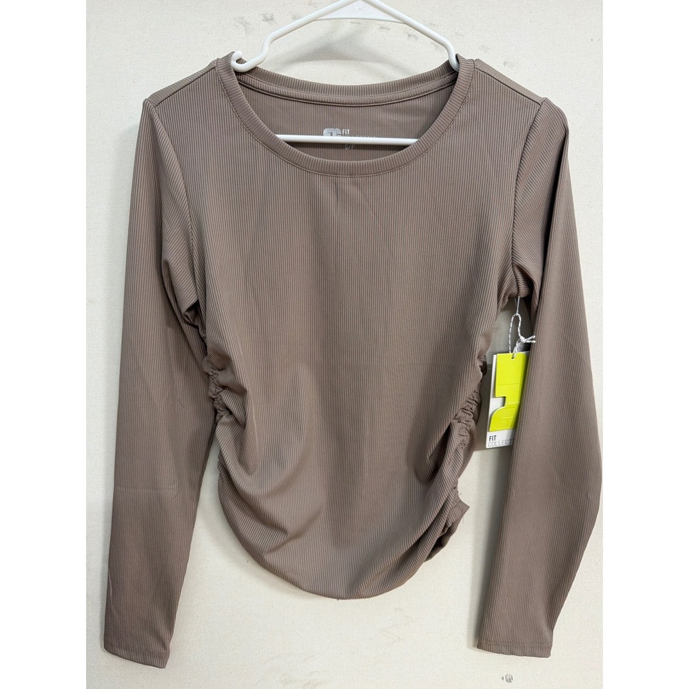 Fit Collective Womens Long Sleeve Ribbed Ruched Side Active Top Taupe Brown S